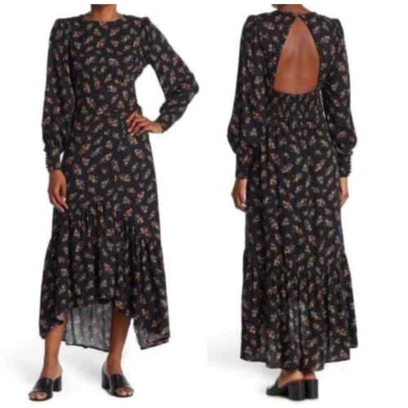AFRM Gilda Back Cutout Dress black floral‎ midi puff sleeve womans XS - Picture 1 of 13